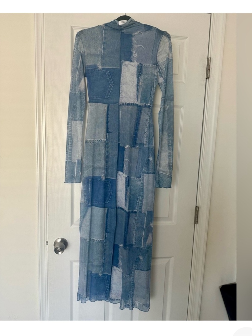 Zara Denim Patchwork Long-Sleeve Tulle Dress in Blue